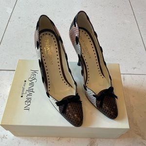 Vintage YSL - size 37 - 3 tone snake skin heels with velvet ribbon detail